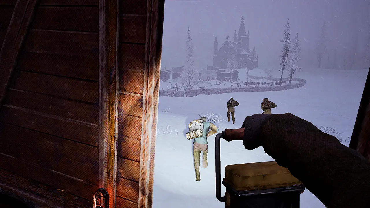 A Frostrail player aiming from a train doorway into the snow